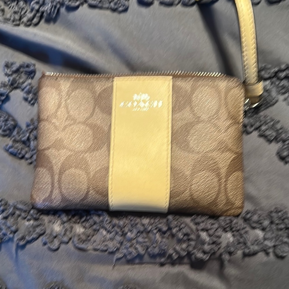 Coach Brown and Tan Signature wristlet with Metallic Accent